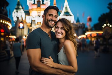 Couple in their 30s smiling at the Disneyland in California USA