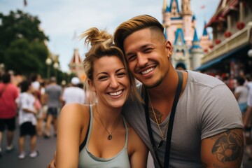 Fototapeta na wymiar Couple in their 30s smiling at the Disneyworld in Florida USA