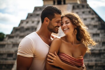 Couple in their 30s smiling at the Chichen Itza Yucatan Mexico