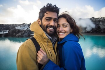 Couple in their 30s smiling at the Blue Lagoon in Reykjavik Iceland