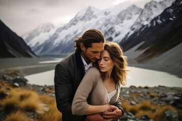 Couple in their 40s at the Aoraki/Mount Cook National Park in Canterbury New Zealand