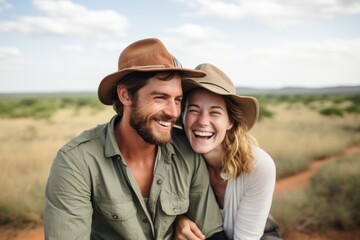 Couple in their 30s smiling at the Kruger National Park in Limpopo/Mpumalanga South Africa - obrazy, fototapety, plakaty