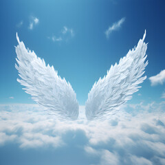 White Angel wings in the clouds. A concept of Heaven and the afterlife. Generative ai. 