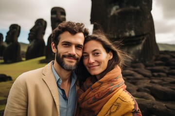 Fototapeta premium Couple in their 30s at the Moai Statues on Easter Island Chile