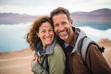 Couple in their 40s smiling at the Dead Sea in Israel/Jordan