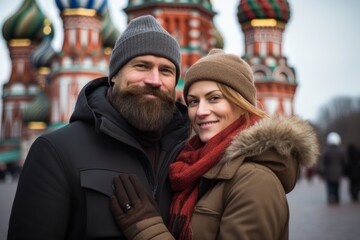 Fototapeta premium Couple in their 40s at the Red Square in Moscow Russia