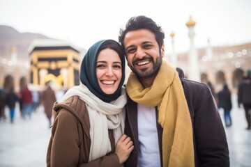 Fototapeta premium Couple in their 30s smiling at the Mecca in Saudi Arabia
