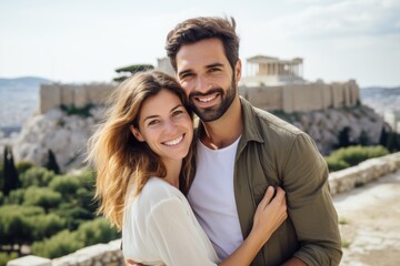 Couple in their 30s smiling at the Acropolis of Athens in Athens Greece