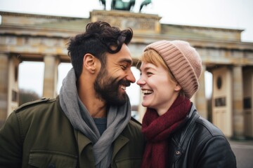 Couple in their 30s smiling at the Brandenburg Gate in Berlin Germany