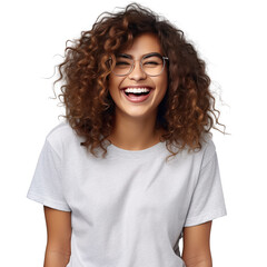 Curly haired woman with glasses and a white shirt expresses happiness with her face over a transparent background