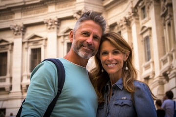 Couple in their 40s at the Trevi Fountain in Rome Italy