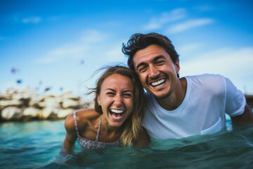 Fototapeta na wymiar Couple in their 30s smiling at the Great Barrier Reef in Queensland Australia