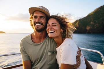 Couple in their 30s smiling at the Great Barrier Reef in Queensland Australia - obrazy, fototapety, plakaty