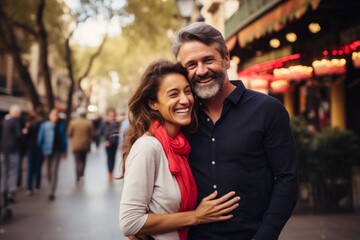 Fototapeta premium Couple in their 40s smiling at the Las Ramblas in Barcelona Spain