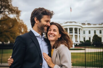 Couple in their 30s smiling at the White House in Washington D