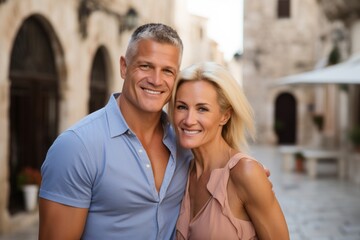 Fototapeta na wymiar Couple in their 40s smiling at the Dubrovnik Old Town in Dubrovnik Croatia