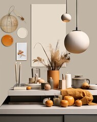 a table with various objects on it and an orange lamp hanging over the table in the photo is taken from above