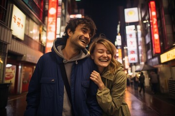 Fototapeta na wymiar Couple in their 30s smiling at the Shinjuku in Tokyo Japan