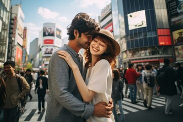 Fototapeta premium Couple in their 30s at the Shibuya Crossing in Tokyo Japan