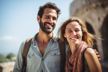 Fototapeta premium Couple in their 30s smiling at the Crac des Chevaliers in Homs Governorate Syria