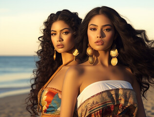 two fashion women at the beach sunset