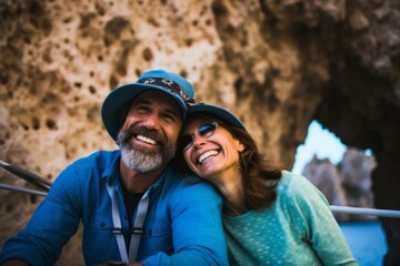 Couple in their 40s smiling at the Blue Grotto in Capri Italy
