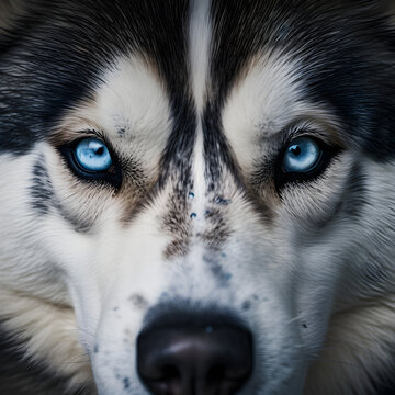 Close up of a Husky's face showing its bright blue eyes. A  dog themed image. Generative ai. 