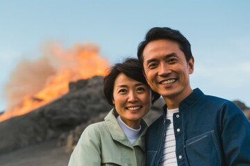 Couple in their 40s smiling at the Aogashima Volcano in Tokyo Japan