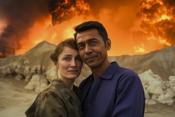 Couple in their 40s at the Darvaza Gas Crater in Derweze Turkmenistan
