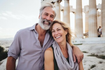 Obraz premium A couple in their 40s smiling at the Parthenon in Athens Greece