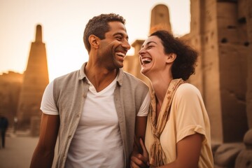 A couple in their 30s smiling at the Luxor Temple in Luxor Egypt