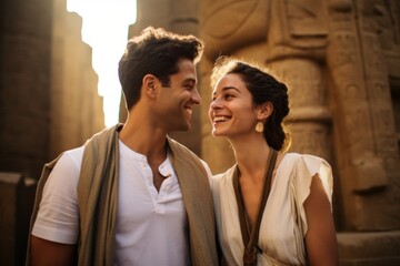 A couple in their 30s smiling at the Luxor Temple in Luxor Egypt
