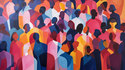 A painting of a diverse crowd of people. Diversity, equity, inclusion and belonging. DEI. Faceless crowd. Lost in the crowd. Abstract shapes