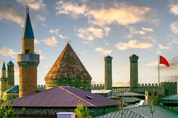 Obraz premium Erzurum Cultural Heritage: Erzurum Castle, Double Minaret Madrasa, Clock Tower, Tomb. Turkish flag .