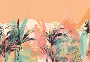 Tropical palm trees, abstract wathercolour art. Peach pink and teal. Copy space for text. Card, poster, banner, canva art. Generative AI illustration