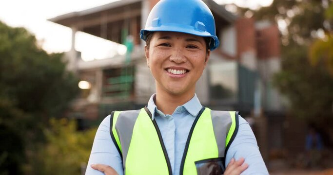 Smile, portrait and woman in civil engineering for urban building with confidence, arms crossed and safety. Architecture, real estate and project management, happy contractor on construction site.