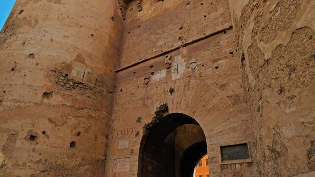 Twin gothic-style defensive Quart Towers built as part of Valencia's city wall. Beautiful view of antique historical Portal de Quart in Valencia, huge twin towers in Spain, Europe