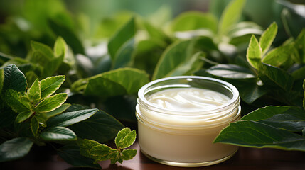Obraz na płótnie Canvas A jar of skin care cream among green leaves.