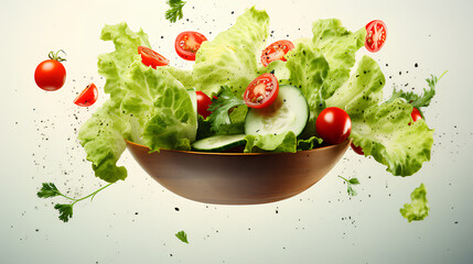Lettuce green leaves, tomatoes, cucumber, onion flying in the air in cardboard bowl on white background. Healthy food delivery concept
