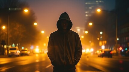 A scary man at wet stormy road on colorful spooky night off Halloween Day.