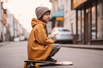 Poster a young boy sitting on a skateboard in the middle of an urban street, wearing a beanie hat © Golib Tolibov