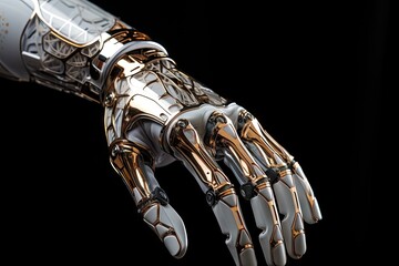 a robot's hand with gold and silver accents, on a black background the robotic arm is made up to look like a