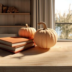 two pumpkins sitting on top of a table next to a stack of books and an open book with a window in the background