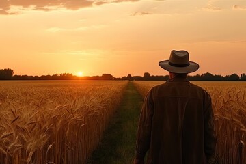 a man standing in a wheat field looking at the sun setting behind him, with his back to the camera
