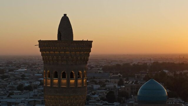Drone Around Glowing Ancient Uzbekistan Tower