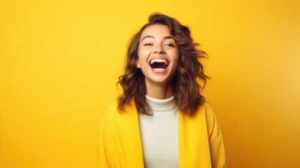 cheerful and funny happy woman in vivid shine yellow background, Generative AI - obrazy, fototapety, plakaty