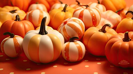 orange and white pumpkins on a red table with polka dotes around them to look like mini pumpkins