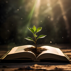 An open book with dirt and a plant growing from it. A metaphor for the growing knowledge books...