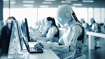 a robot sitting at a desk in an office with people working on computers behind her is the text, ` ` ` '
