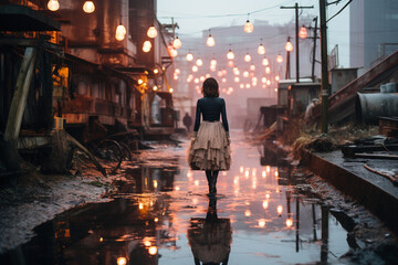 A woman in a dark fairy kei fashion wedding dress wading in a rundown industrial complex in the rain at dusk. Moody atmosphere. AI generative